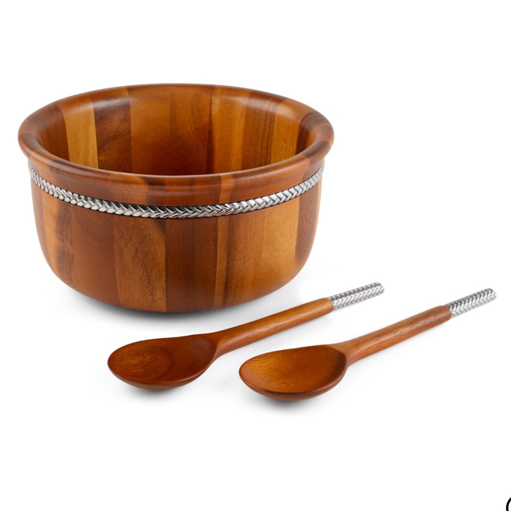 NAMBE NEW Acacia Wood Chrome Braided Round Salad Bowl Serving Tongs Utensils